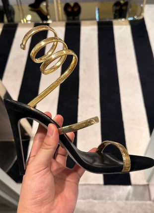 Metallic Ankle Wrap Around Open Toe High Heel Sandals