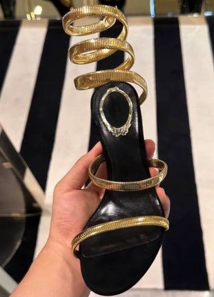 Metallic Ankle Wrap Around Open Toe High Heel Sandals