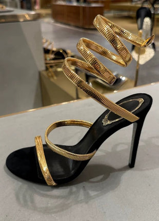 Metallic Ankle Wrap Around Open Toe High Heel Sandals