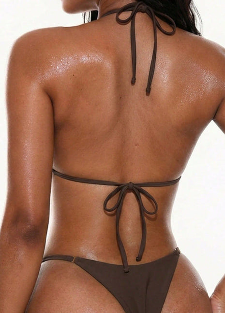 Gold Studded Triangle Halter Brazilian Bikini Set