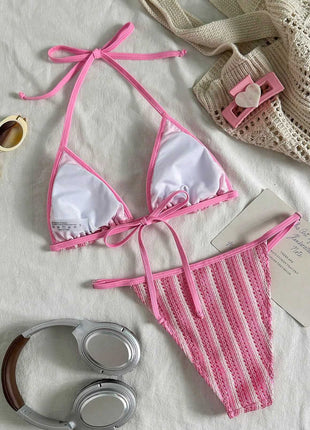 Textured Triangle Halter Brazilian Bikini Set With Stripes
