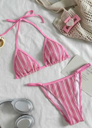 Textured Triangle Halter Brazilian Bikini Set With Stripes