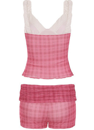 Red Check Mesh Contrast V-Neck Bustier Top And And Mini Fold-Over Boyshorts