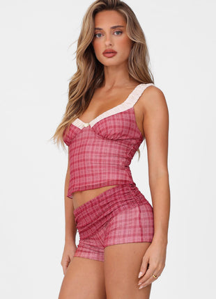 Red Check Mesh Contrast V-Neck Bustier Top And And Mini Fold-Over Boyshorts