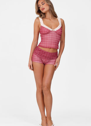 Red Check Mesh Contrast V-Neck Bustier Top And And Mini Fold-Over Boyshorts