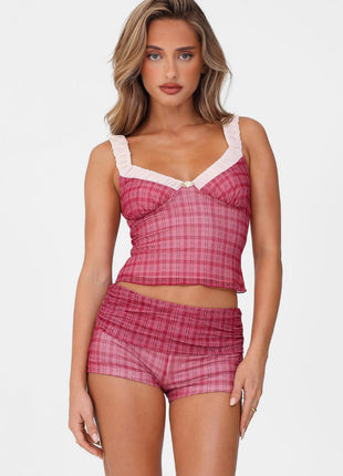 Red Check Mesh Contrast V-Neck Bustier Top And And Mini Fold-Over Boyshorts