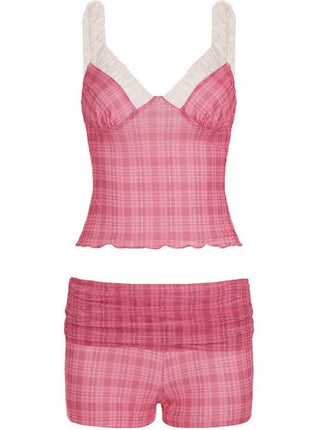 Red Check Mesh Contrast V-Neck Bustier Top And And Mini Fold-Over Boyshorts