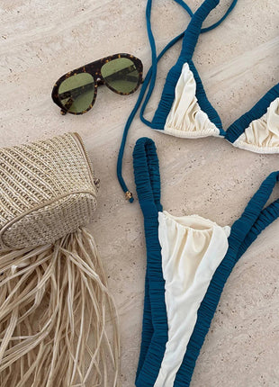 Two-Tone Ruched Triangle High-Cut Bikini Set