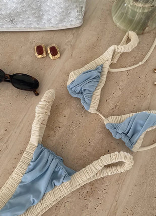 Two-Tone Ruched Triangle High-Cut Bikini Set
