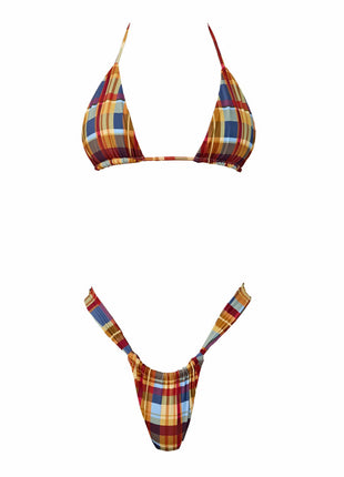 Multi-Color Plaid Print Triangle Halter Brazilian Bikini Set