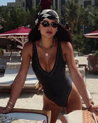 Studded Plunge Neck Backless High-Leg One Piece Swimsuit