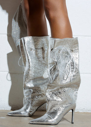 Metallic Silver Faux Leather Pointed Toe Mid-Calf Stiletto Heel Boots With Cinching Mechanism