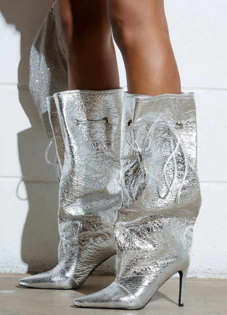 Metallic Silver Faux Leather Pointed Toe Mid-Calf Stiletto Heel Boots With Cinching Mechanism