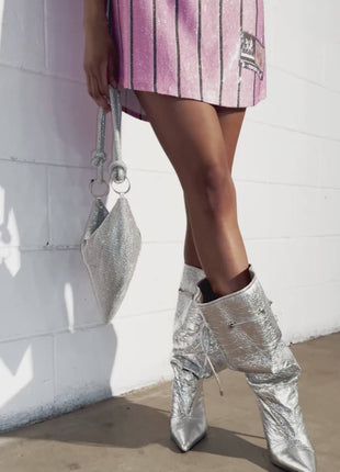 Metallic Silver Faux Leather Pointed Toe Mid-Calf Stiletto Heel Boots With Cinching Mechanism