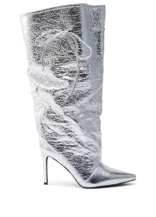 Metallic Silver Faux Leather Pointed Toe Mid-Calf Stiletto Heel Boots With Cinching Mechanism