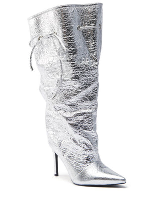 Metallic Silver Faux Leather Pointed Toe Mid-Calf Stiletto Heel Boots With Cinching Mechanism