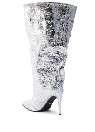 Metallic Silver Faux Leather Pointed Toe Mid-Calf Stiletto Heel Boots With Cinching Mechanism
