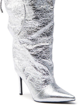 Metallic Silver Faux Leather Pointed Toe Mid-Calf Stiletto Heel Boots With Cinching Mechanism