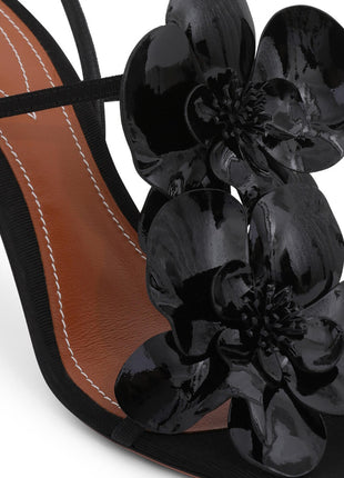 Patent Flowers Embellished Open Square Toe Stiletto Heeled Sandals