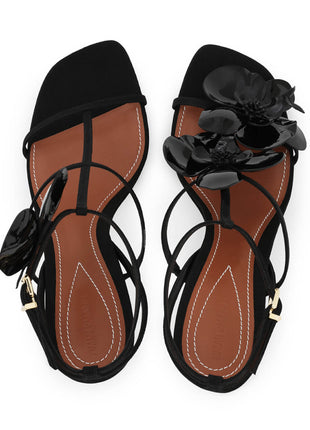 Patent Flowers Embellished Open Square Toe Stiletto Heeled Sandals