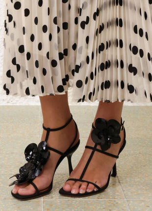 Patent Flowers Embellished Open Square Toe Stiletto Heeled Sandals