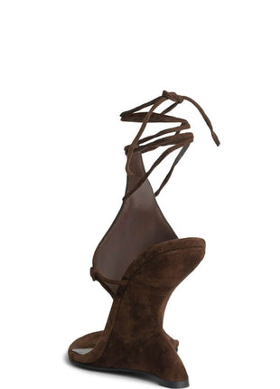 Faux Suede Ankle Wrap Sculpted Wedge Thong Sandal
