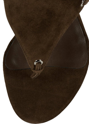 Faux Suede Ankle Wrap Sculpted Wedge Thong Sandal