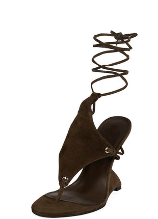 Faux Suede Ankle Wrap Sculpted Wedge Thong Sandal
