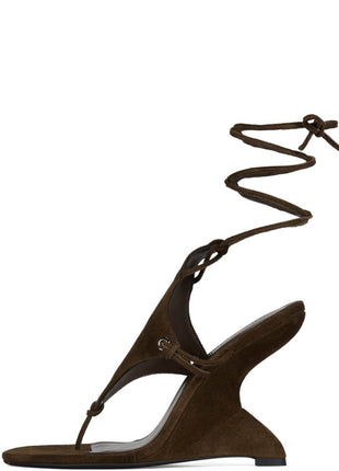 Faux Suede Ankle Wrap Sculpted Wedge Thong Sandal