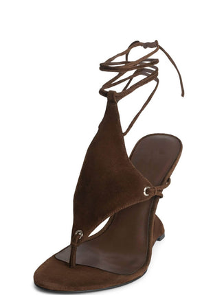Faux Suede Ankle Wrap Sculpted Wedge Thong Sandal