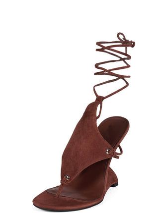 Faux Suede Ankle Wrap Sculpted Wedge Thong Sandal