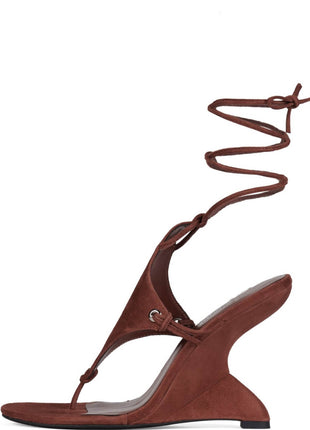 Faux Suede Ankle Wrap Sculpted Wedge Thong Sandal