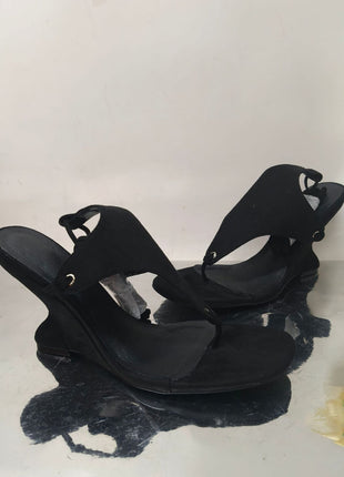 Faux Suede Ankle Wrap Sculpted Wedge Thong Sandal