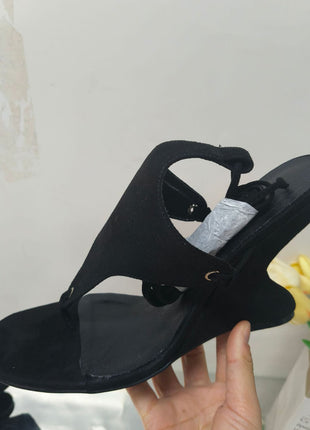 Faux Suede Ankle Wrap Sculpted Wedge Thong Sandal