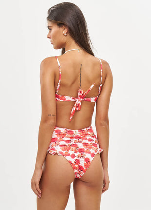Red Floral Underwire Balconette High-Waisted Bikini Set With Lace Trim