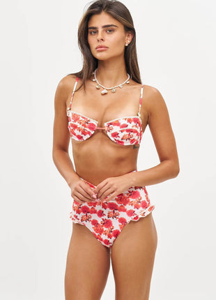 Red Floral Underwire Balconette High-Waisted Bikini Set With Lace Trim