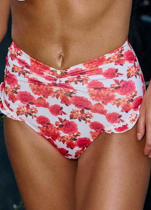 Red Floral Underwire Balconette High-Waisted Bikini Set With Lace Trim