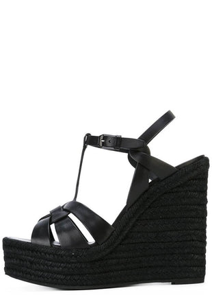 Woven Faux Leather Platform Espadrille Wedge Sandals