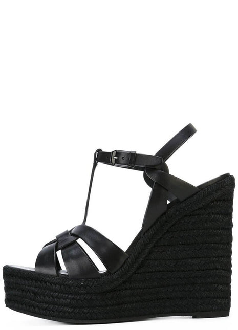 Woven Faux Leather Platform Espadrille Wedge Sandals