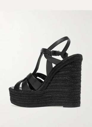 Woven Faux Leather Platform Espadrille Wedge Sandals