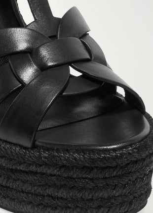 Woven Faux Leather Platform Espadrille Wedge Sandals