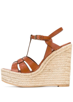 Woven Faux Leather Platform Espadrille Wedge Sandals