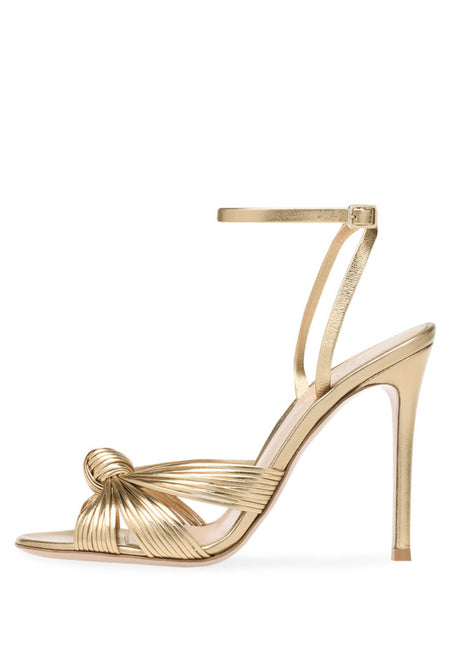 Metallic Gold Knotted Detail Open Pointed Toe Stiletto Heel