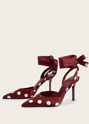 Satin Polka Dot Tie Leg Detail Pointed Toe Stiletto Heel Pumps