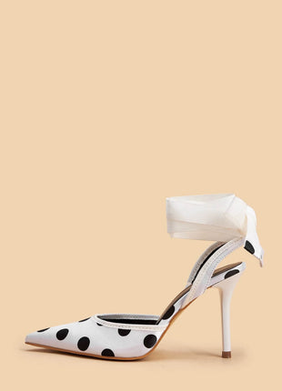 Satin Polka Dot Tie Leg Detail Pointed Toe Stiletto Heel Pumps