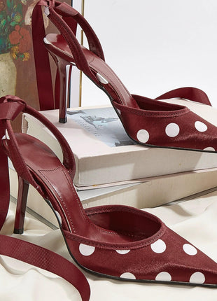 Satin Polka Dot Tie Leg Detail Pointed Toe Stiletto Heel Pumps