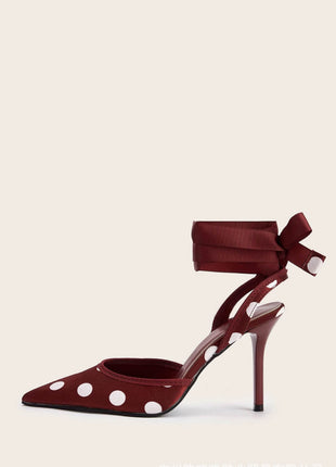 Satin Polka Dot Tie Leg Detail Pointed Toe Stiletto Heel Pumps