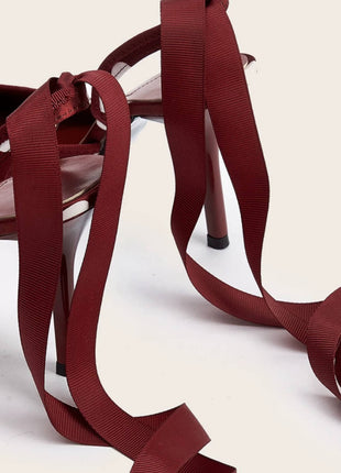 Satin Polka Dot Tie Leg Detail Pointed Toe Stiletto Heel Pumps