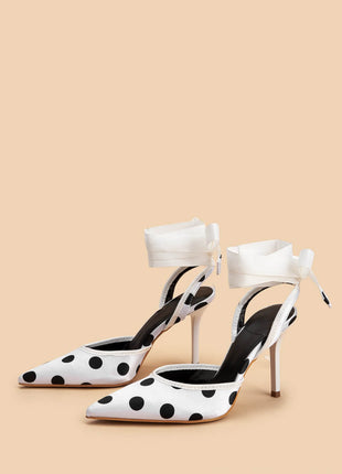 Satin Polka Dot Tie Leg Detail Pointed Toe Stiletto Heel Pumps