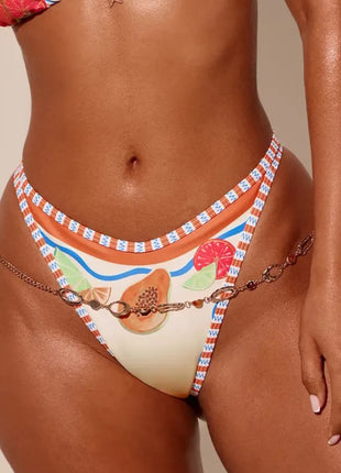 Seahorse And Tropical Fruit Print Contrast Triangle Bikini Set With Gold Hardware Details